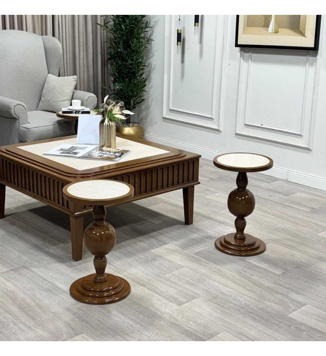 طقم طاولات ضيافة سطح بديل رخام وخشب قاعدة خشبي فاخر بتصميم كلاسيكي أنيق 5 قطع (منتج تفصيل) طقم طاولات ضيافة سطح بديل رخام وخشب قاعدة خشبي فاخر بتصميم كلاسيكي أنيق 5 قطع (منتج تفصيل)