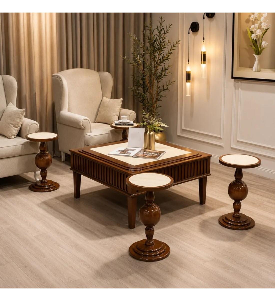 طقم طاولات ضيافة سطح بديل رخام وخشب قاعدة خشبي فاخر بتصميم كلاسيكي أنيق 5 قطع (منتج تفصيل) طقم طاولات ضيافة سطح بديل رخام وخشب قاعدة خشبي فاخر بتصميم كلاسيكي أنيق 5 قطع (منتج تفصيل)