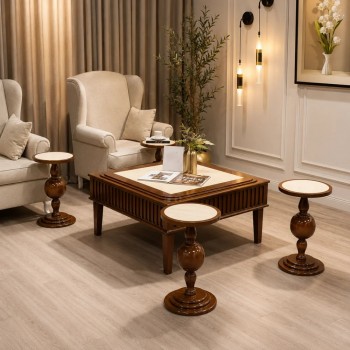 طقم طاولات ضيافة سطح بديل رخام وخشب قاعدة  خشبي فاخر بتصميم كلاسيكي أنيق 5 قطع    (منتج تفصيل)