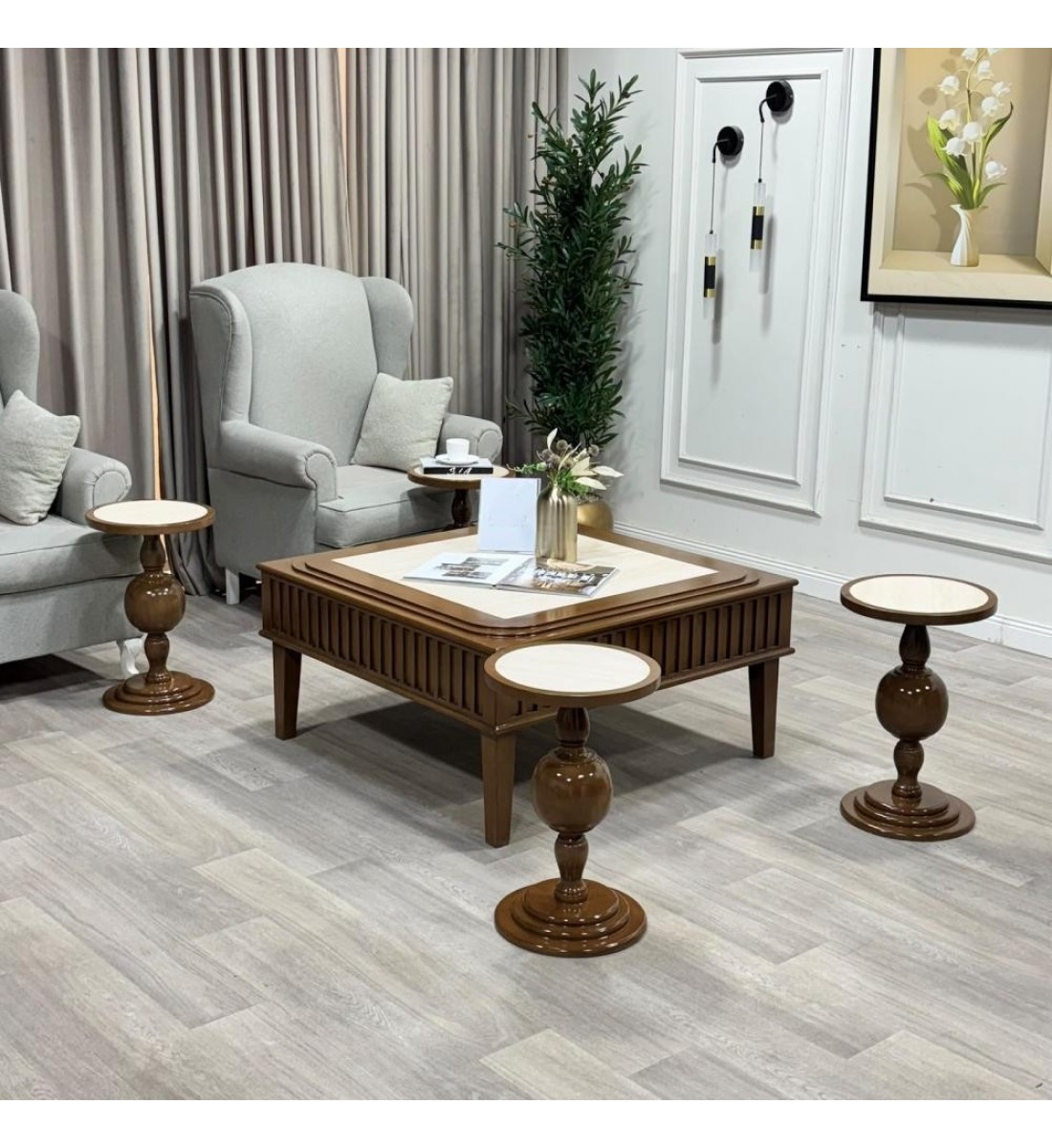 طقم طاولات ضيافة سطح بديل رخام وخشب قاعدة خشبي فاخر بتصميم كلاسيكي أنيق 5 قطع (منتج تفصيل) طقم طاولات ضيافة سطح بديل رخام وخشب قاعدة خشبي فاخر بتصميم كلاسيكي أنيق 5 قطع (منتج تفصيل)