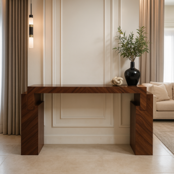 طاولة مدخل كونسول مودرن بتصميم هندسي فريد خشب قشر الجوز  مقاس 160*40*90 سم (منتج تفصيل )