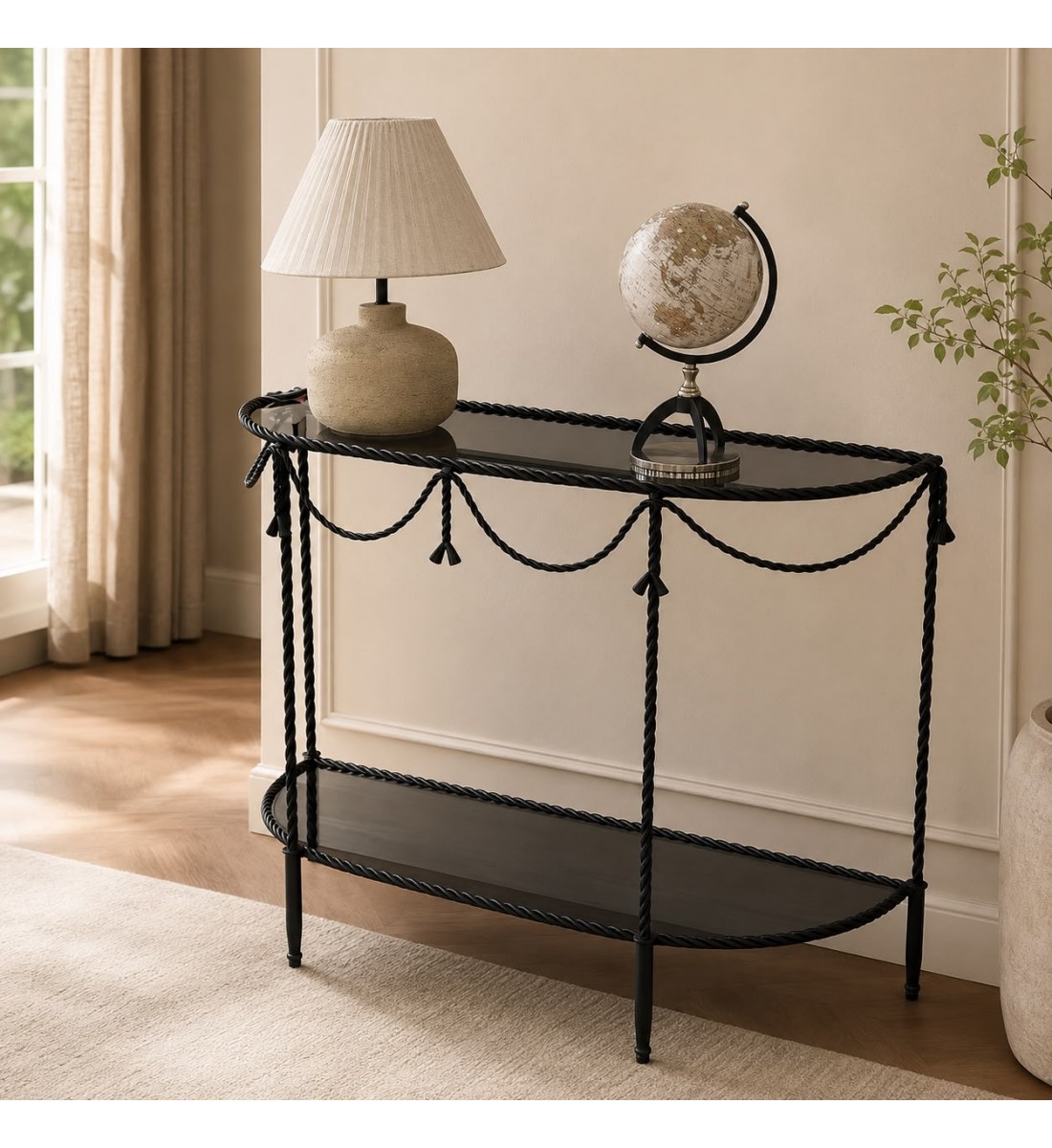 طاولة مدخل بتصميم أنيق وفاخر، تجمع بين الزجاج الداكن والهيكل المعدني المزخرف120×40×90سم(منتج تفصيل ) طاولة مدخل بتصميم أنيق وفاخر، تجمع بين الزجاج الداكن والهيكل المعدني المزخرف120×40×90سم(منتج تفصيل )