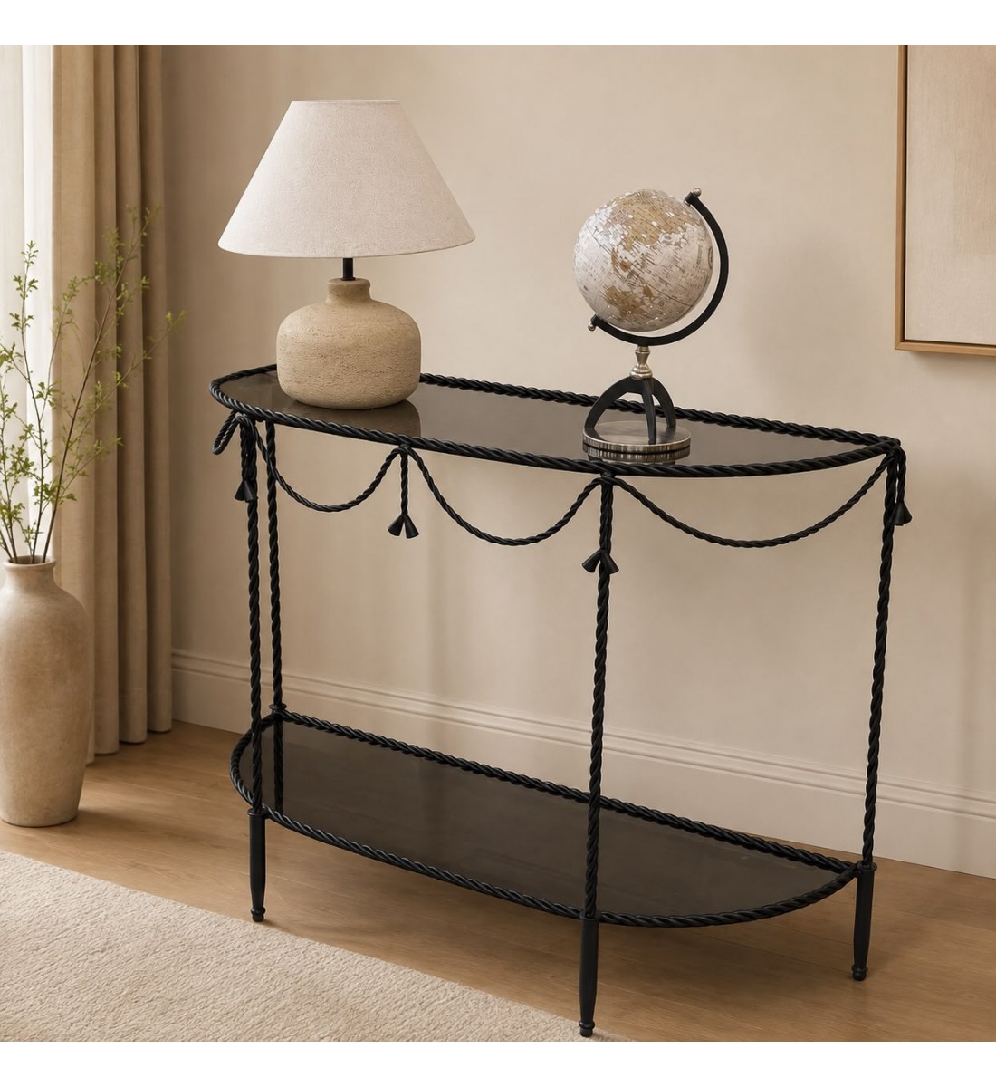 طاولة مدخل بتصميم أنيق وفاخر، تجمع بين الزجاج الداكن والهيكل المعدني المزخرف120×40×90سم(منتج تفصيل ) طاولة مدخل بتصميم أنيق وفاخر، تجمع بين الزجاج الداكن والهيكل المعدني المزخرف120×40×90سم(منتج تفصيل )