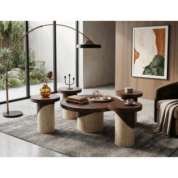 طقم طاولات شاي فاخر 4+1 – تصميم عصري يجمع بين الجوز والبيج الحجري