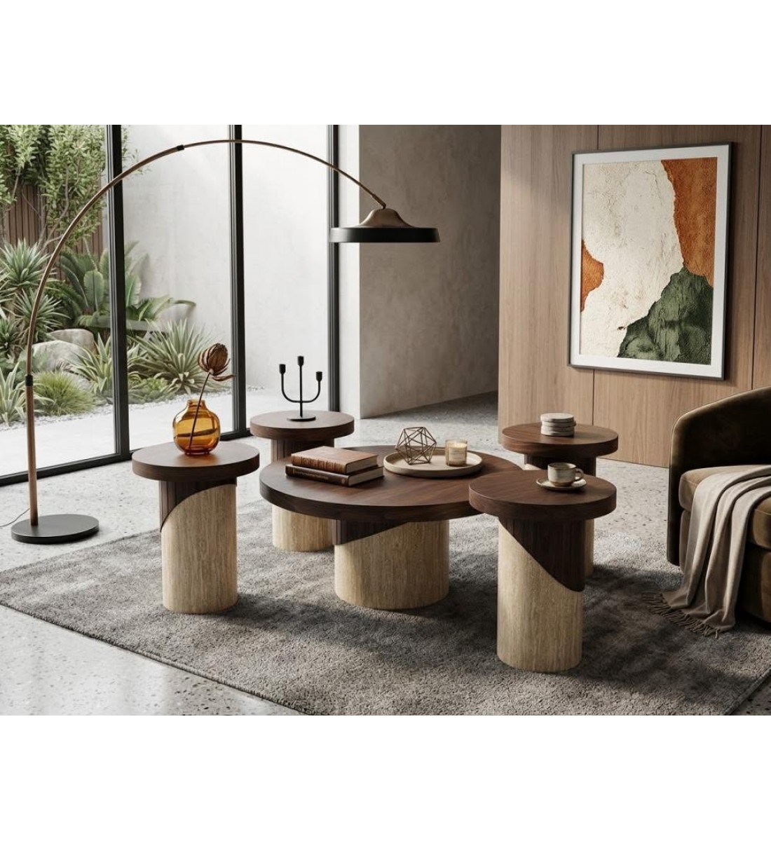طقم طاولات شاي فاخر 4+1 – تصميم عصري يجمع بين الجوز والبيج الحجري طقم طاولات شاي فاخر 4+1 – تصميم عصري يجمع بين الجوز والبيج الحجري