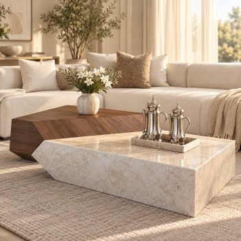 طقم طاولات رخام ترافرتينو وخشب بقشرة الجوز 150×100×29سم طقم طاولات رخام ترافرتينو وخشب بقشرة الجوز 150×100×29سم