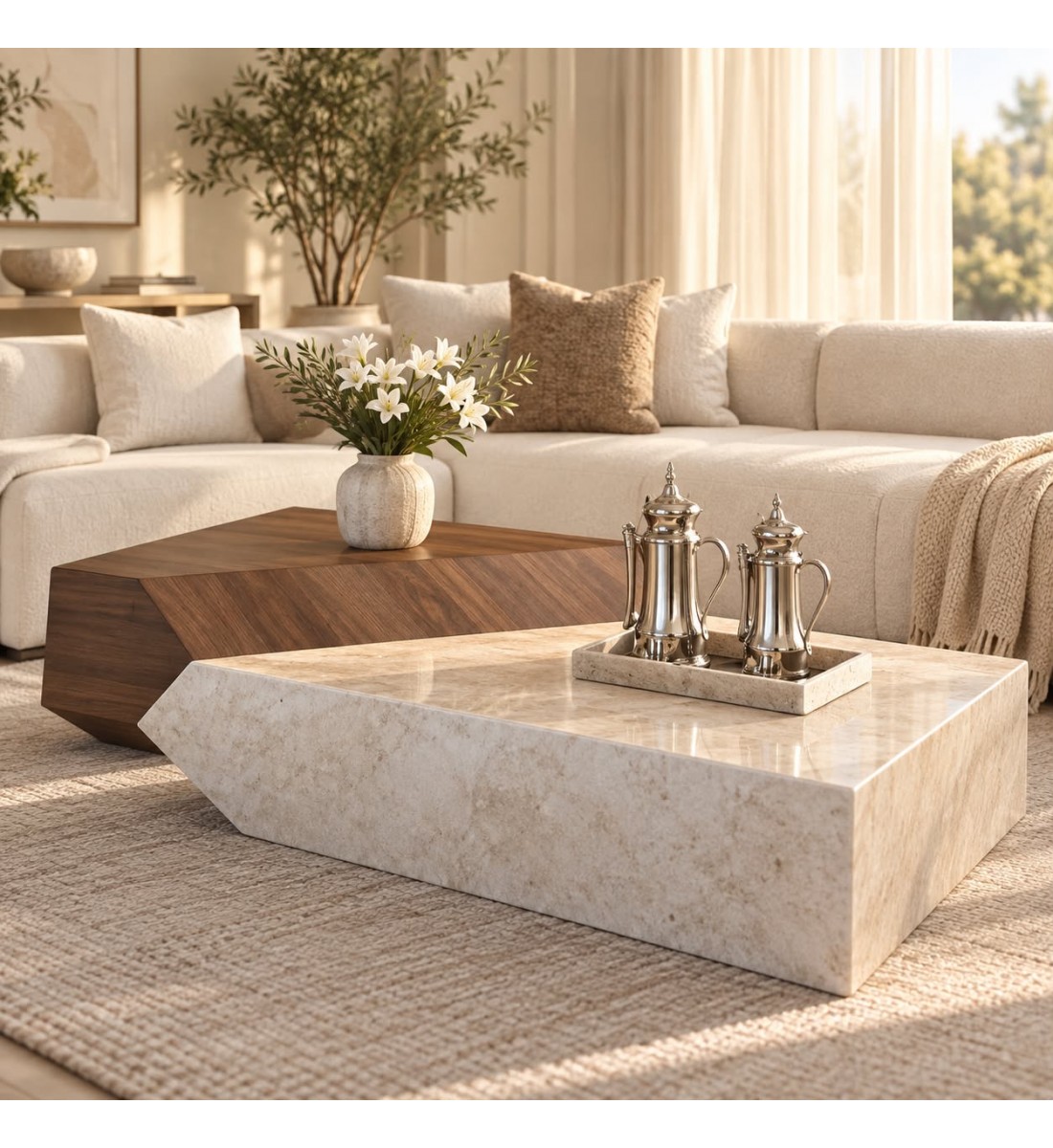 طقم طاولات رخام ترافرتينو وخشب بقشرة الجوز 150×100×29سم 