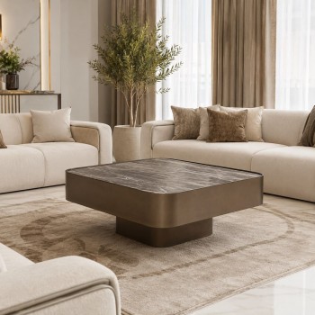 طاولة قهوة برخام الترافرتين وقاعدة حديد100×100×45سم 