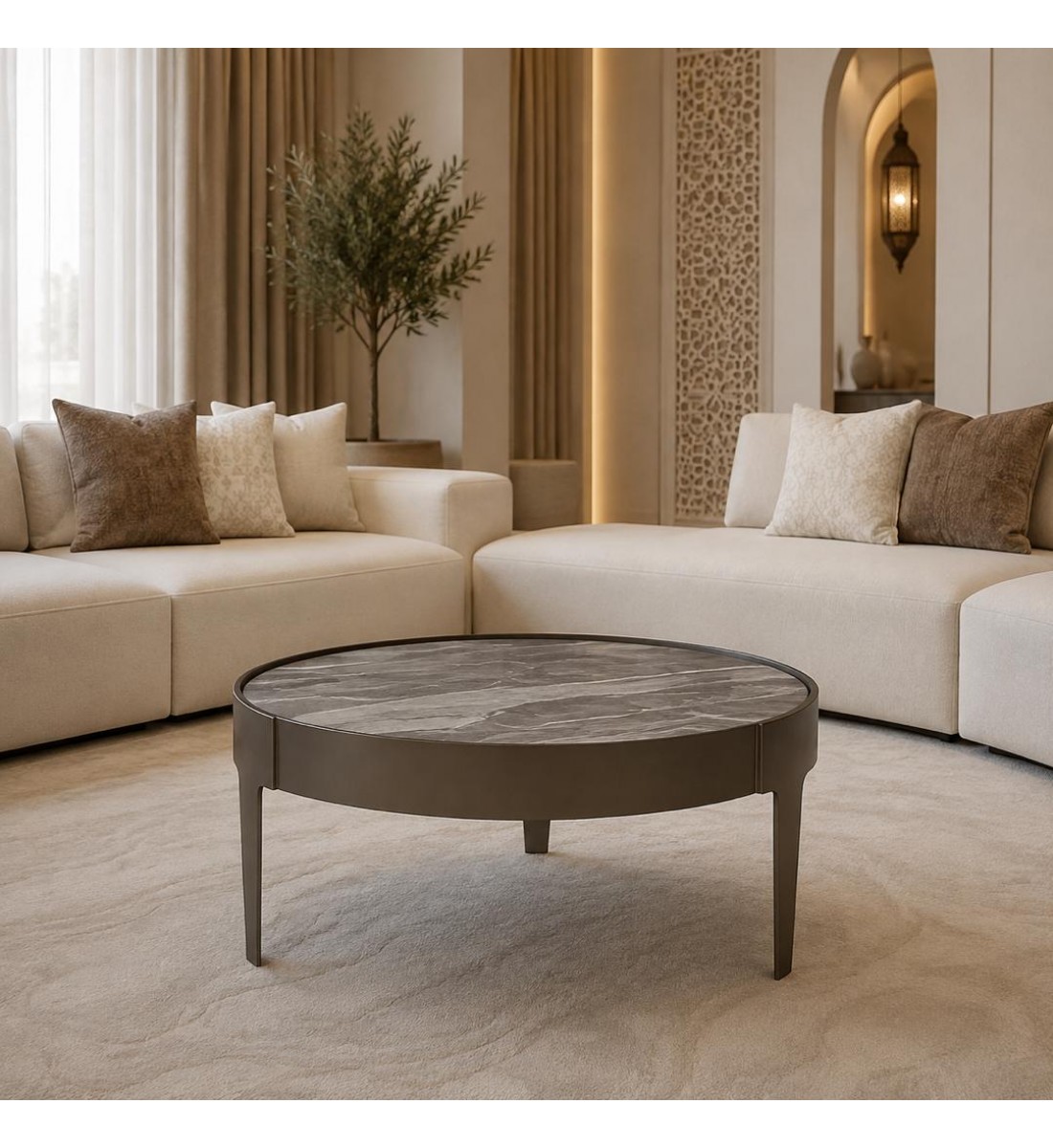 طاولة قهوة برخام الترافرتين وقاعدة حديد100×100×45سم 