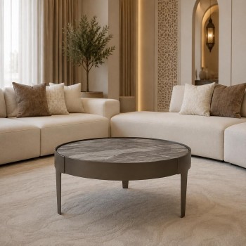 طاولة قهوة برخام الترافرتين وقاعدة حديد100×100×45سم 