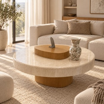 طاولة قهوة دائرية بسطح رخامي ترفنتينوا وقاعدة من خشب السنديان 90×90×45سم طاولة قهوة دائرية بسطح رخامي ترفنتينوا وقاعدة من خشب السنديان 90×90×45سم