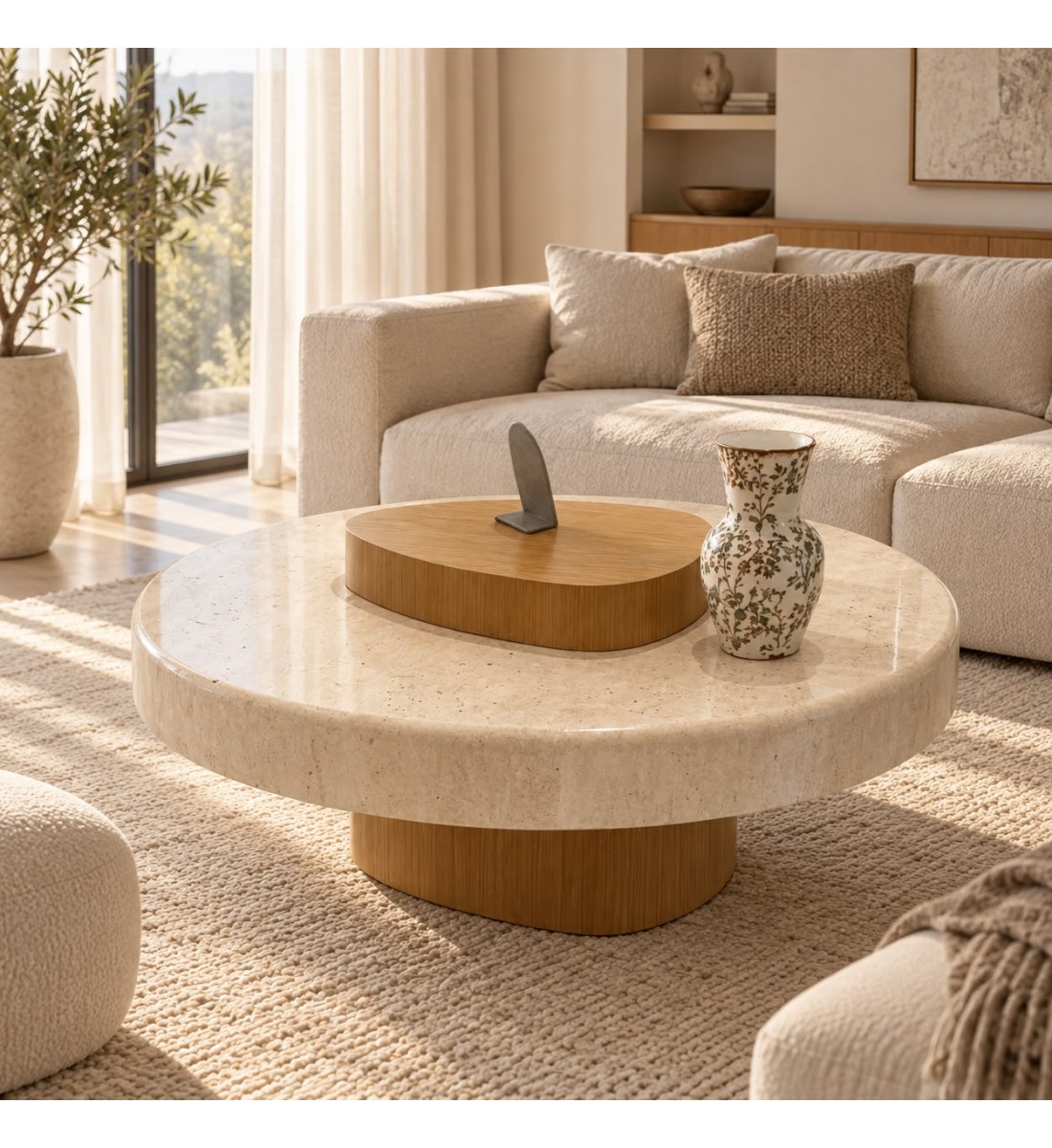 طاولة قهوة دائرية بسطح رخامي ترفنتينوا وقاعدة من خشب السنديان 90×90×45سم طاولة قهوة دائرية بسطح رخامي ترفنتينوا وقاعدة من خشب السنديان 90×90×45سم