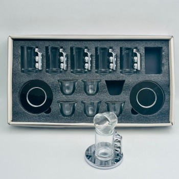 18-piece glass hospitality cup set featuring geometric details and square bases.