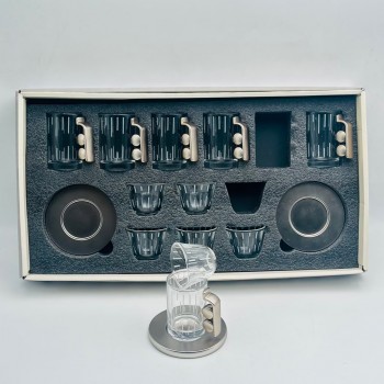 18-piece glass hospitality cup set featuring geometric details and square bases.