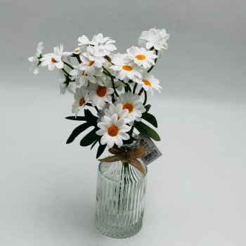Premium artificial chrysanthemum stems with a decorative glass vase for home décor.