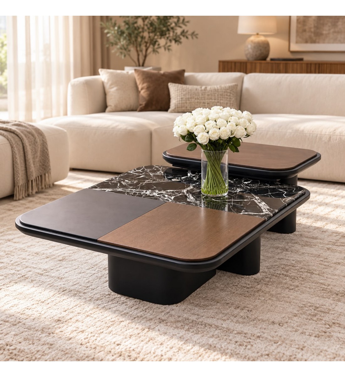 طقم طاولات وسط مودرن فاخر تصميم متعدد الخامات والأسطح. 2 قطع طقم طاولات وسط مودرن فاخر تصميم متعدد الخامات والأسطح. 2 قطع