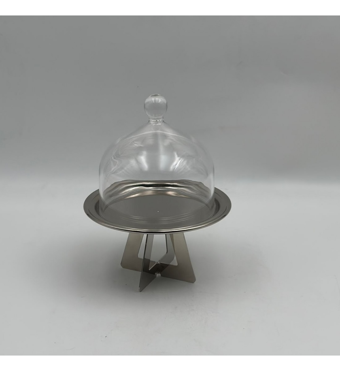 صحن تقديم حلاء فاخر بقاعدة معدنية وغطاء شفاف أنيق. 14×14×8 سم 