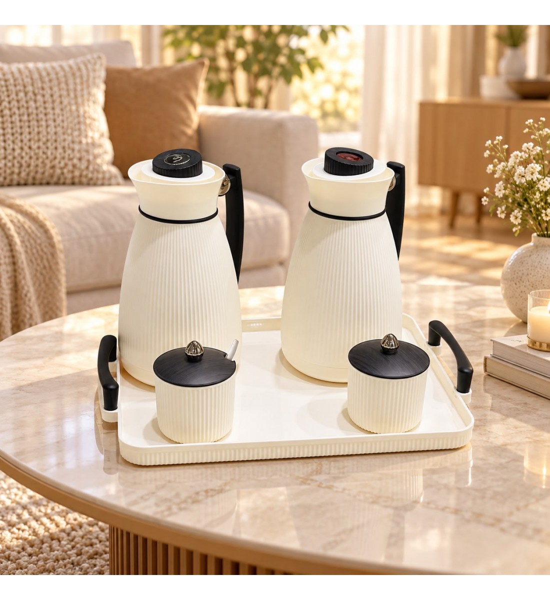 طقم ضيافة فاخر للشاي والقهوة مع صينية تقديم وعلب ضيافة – 5 قطع طقم ضيافة فاخر للشاي والقهوة مع صينية تقديم وعلب ضيافة – 5 قطع
