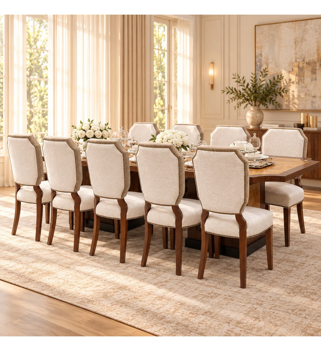 طقم طاولة طعام فاخر مع 10 كراسي بتصميم كلاسيكي عصري. طقم طاولة طعام فاخر مع 10 كراسي بتصميم كلاسيكي عصري.