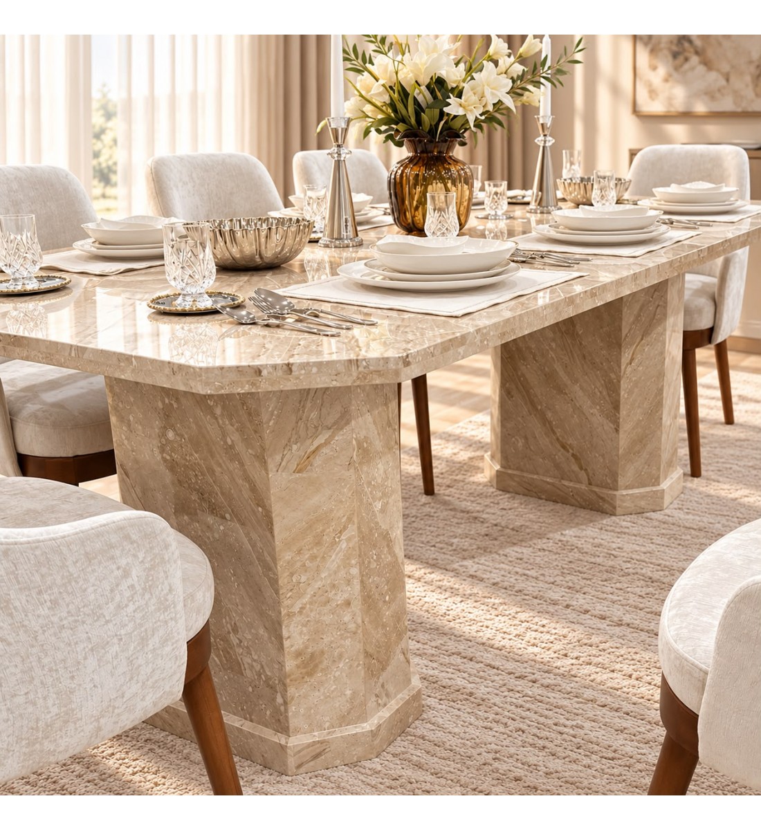 طقم طاولة طعام فاخر بسطح رخامي مع 8 كراسي بتصميم عصري. طقم طاولة طعام فاخر بسطح رخامي مع 8 كراسي بتصميم عصري.