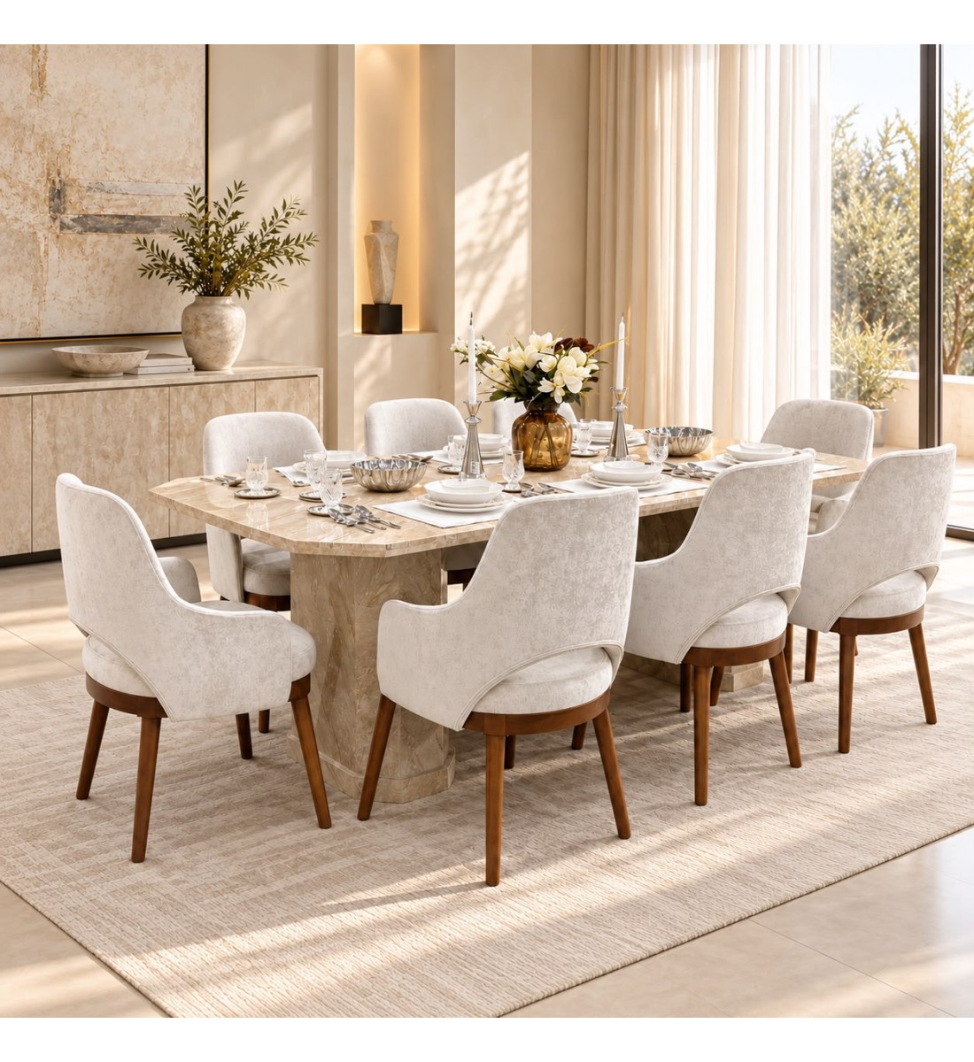طقم طاولة طعام فاخر بسطح رخامي مع 8 كراسي بتصميم عصري. طقم طاولة طعام فاخر بسطح رخامي مع 8 كراسي بتصميم عصري.