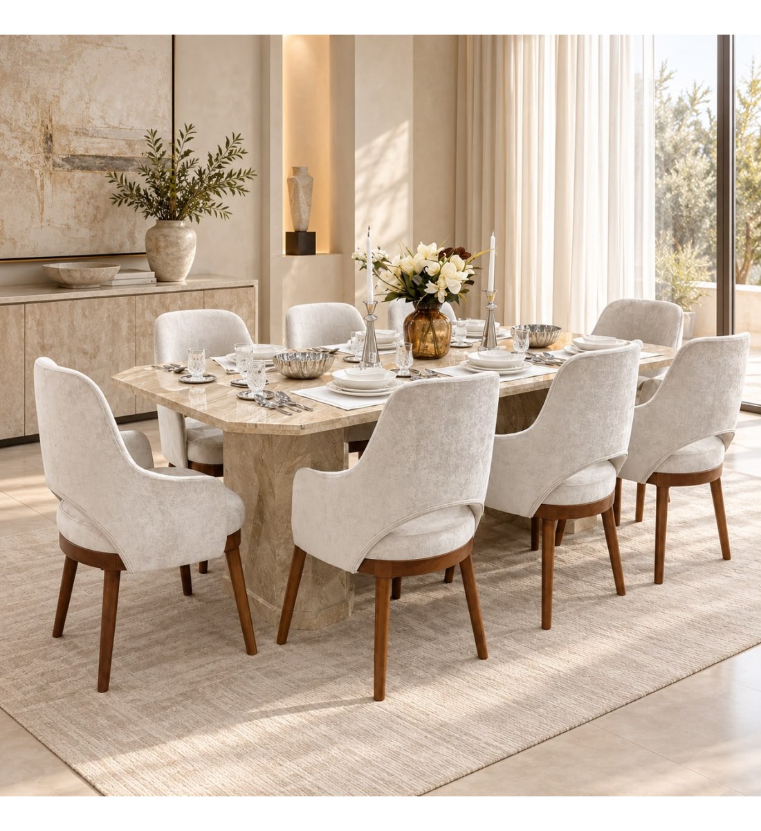 طقم طاولة طعام فاخر بسطح رخامي مع 8 كراسي بتصميم عصري. طقم طاولة طعام فاخر بسطح رخامي مع 8 كراسي بتصميم عصري.