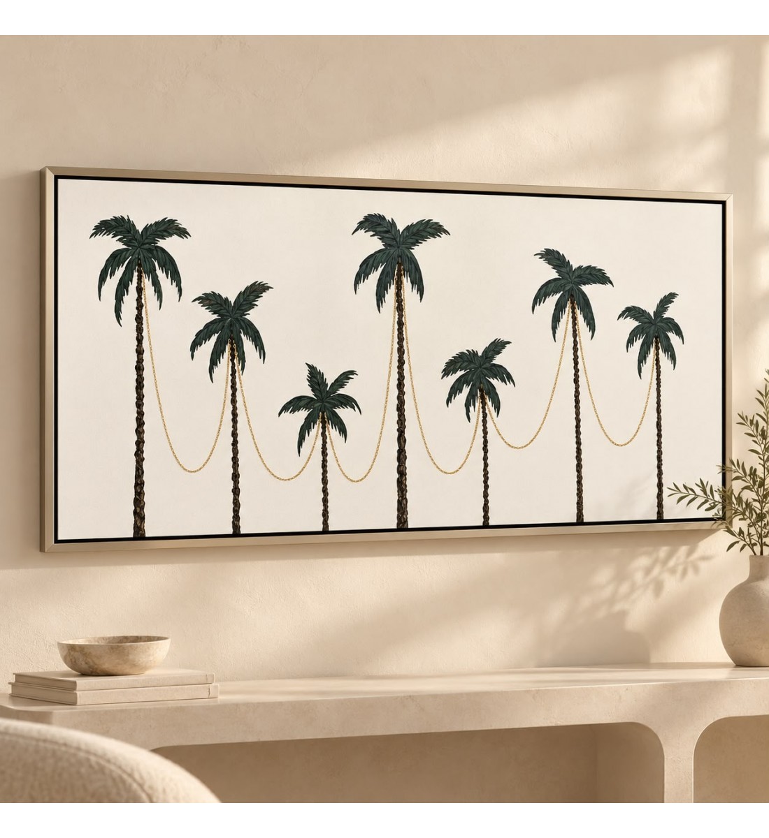 لوحة جدارية ديكورية بتصميم أشجار النخيل باللون الأخضر والذهبي. 200 × 100 سم لوحة جدارية ديكورية بتصميم أشجار النخيل باللون الأخضر والذهبي. 200 × 100 سم