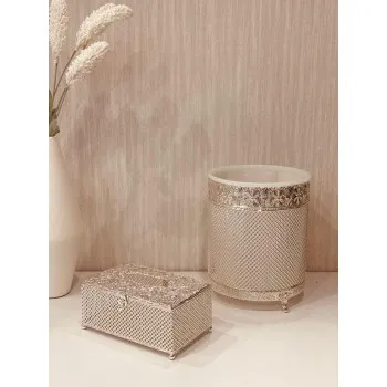 طقم سلة مهملات استيل مع علبة مناديل فضي 28*22 سم طقم سلة مهملات استيل مع علبة مناديل فضي 28*22 سم