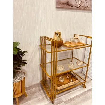 عربية تقديم زجاج باطراف حديد ذهبي 3 دور بكفرات سهلة الحركة (77*41*95)سم