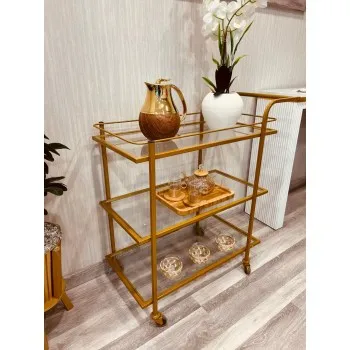 عربية تقديم زجاج باطراف حديد ذهبي 3 دور بكفرات سهلة الحركة (90*40*92)سم