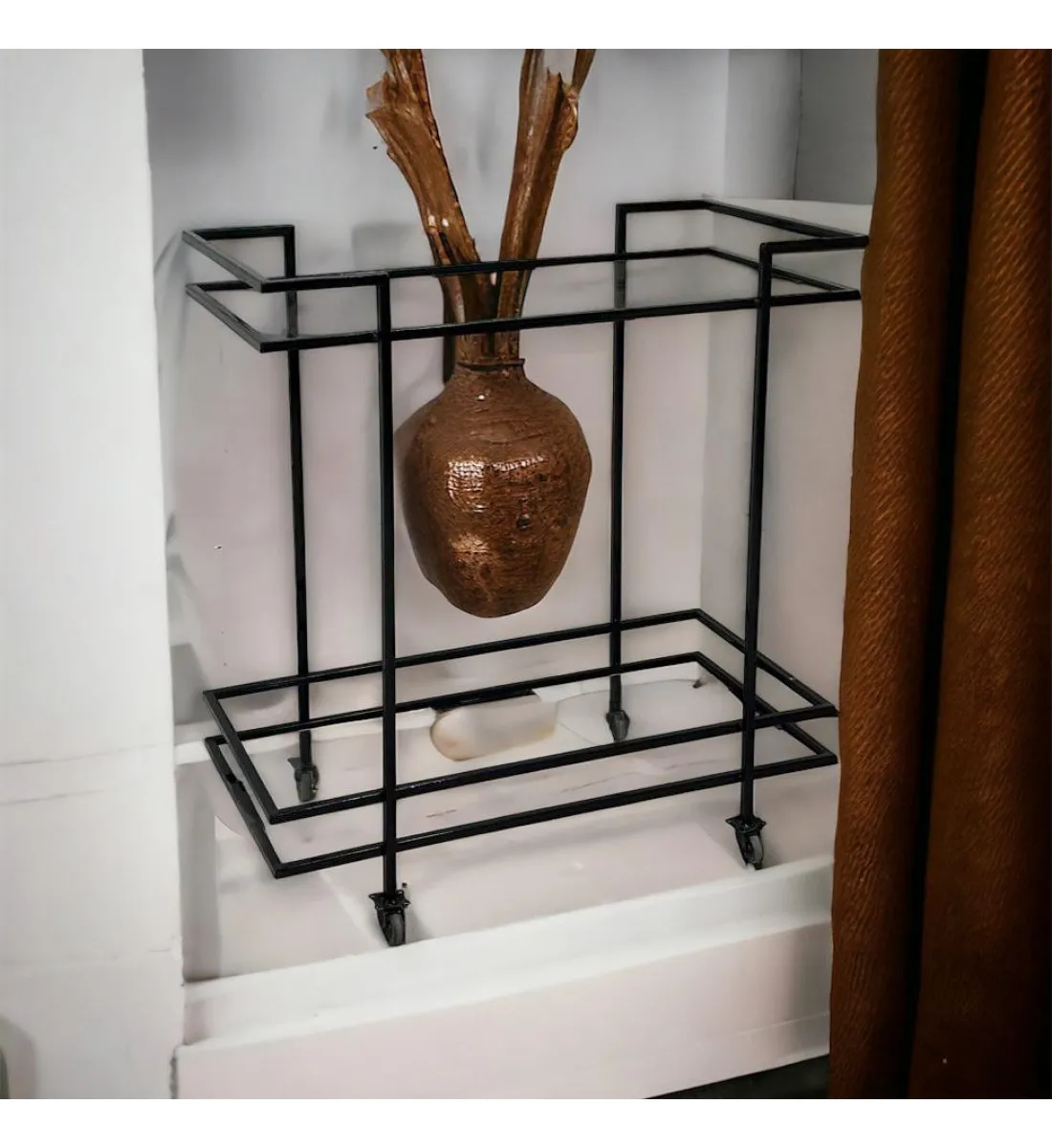 عربية تقديم زجاج باطراف حديد اسود2 دور بكفرات سهلة الحركة 80×43×85 سم 