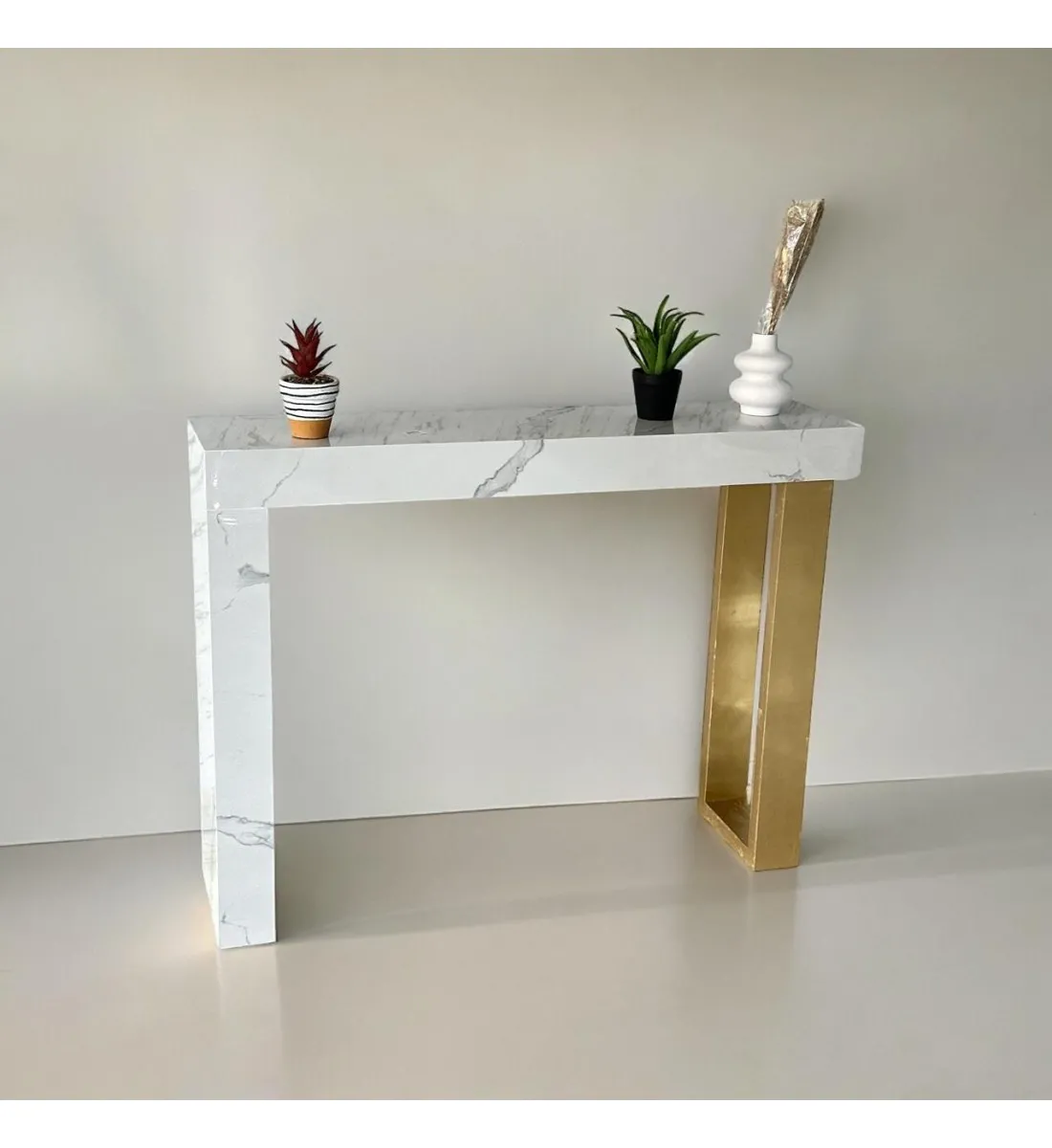 طاولة مدخل كلاسيكي بديل الخشب ابيض جنب ذهبي 120×30×90سم 