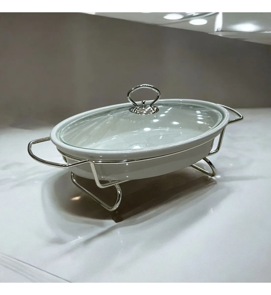 سخان بوفية صحن تقديم سيراميك لتسخين الطعام مزود بغطاء بتصميم فريد 12سم 