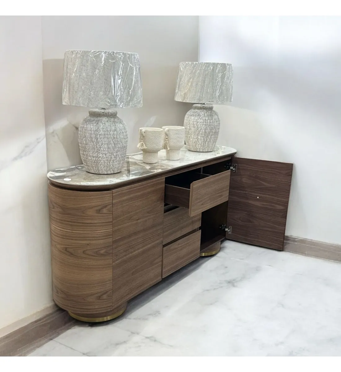 دولاب بوفيه خشب سطح سيراميك 160×42×78سم  