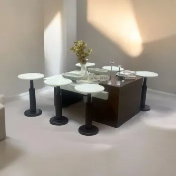 طقم طاولات 7قطع سطح بديل حجر قاعده خشب لون بني 