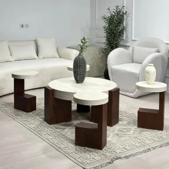 طقم طاولات 5قطع سطح بديل الرخام قاعده خشب سنديان