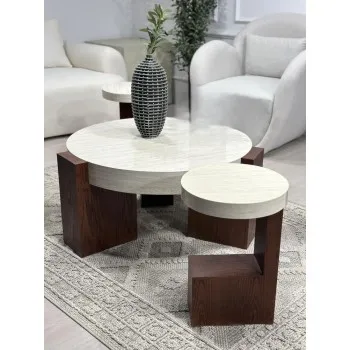 طقم طاولات 5قطع سطح بديل الرخام قاعده خشب سنديان