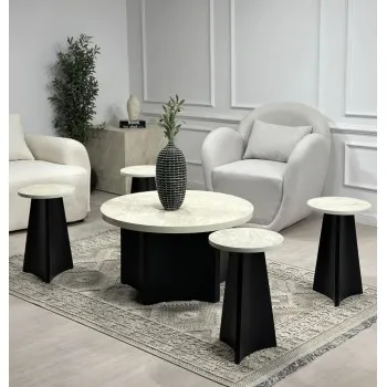 طقم طاولات 5قطع سطح بديل الرخام الحجري قاعده خشب