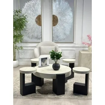 طقم طاولات 5قطع سطح بديل الرخام سطح خشن لون اسود  قاعده خشب سنديان